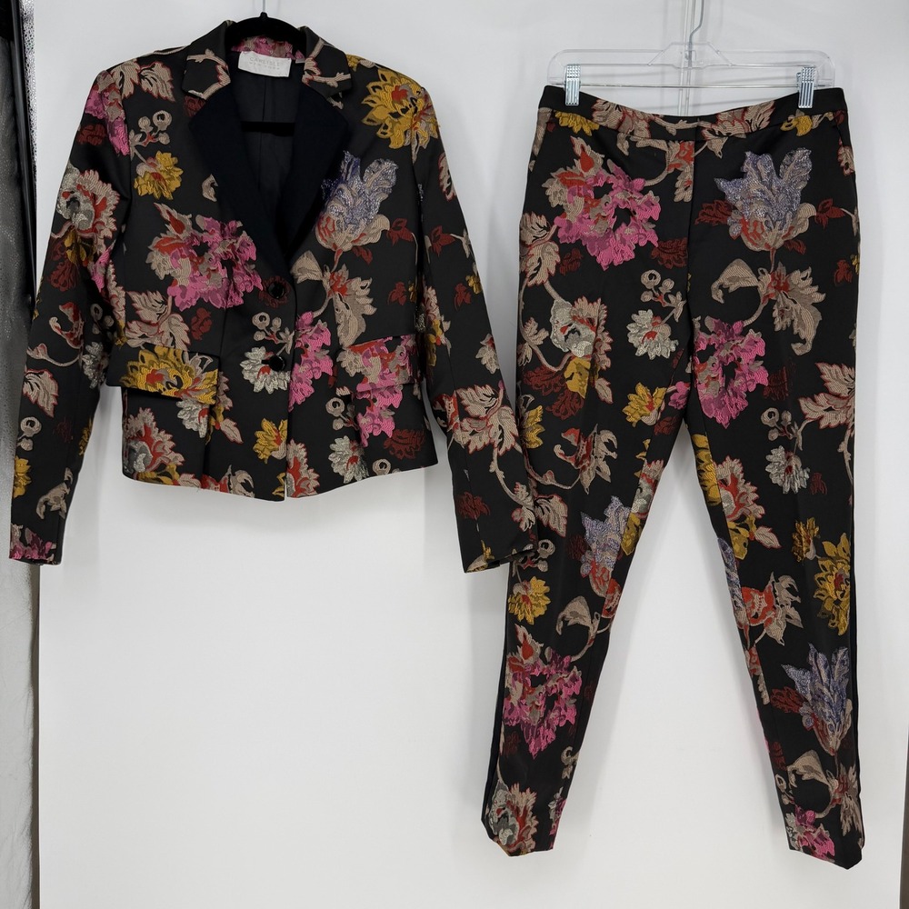Vintage Carlisle New York Pant Suit 6 Black Floral Brocade Jacquard Blazer Set